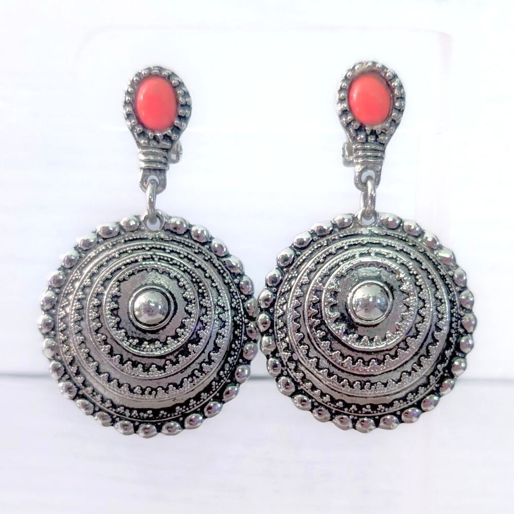 Vintage Clip On Earrings Very Large Silver with Orangey Red Accent Dangle